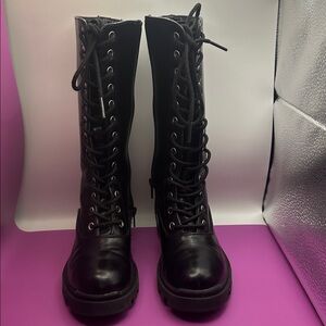 Steve Madden Deedee Black Vegan Leather Tall Knee High Combat Boots, Girls Sz 1